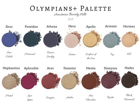 Palette inspired by Greek Gods Olympians Mythology created with Anastasia Beverly Hills Eyeshadow Greek Goddess Color Palette, Greek Skin Tone, Athena Color Palette, Artemis Inspired Makeup, Medea Greek Mythology Aesthetic, Greek Gods Color Palette, Ancient Greek Color Pallete, Greek Mythology Moodboard, Greek Mythology Color Palette