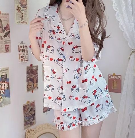 Shoptery - Kuromi Kitty Pajamas Suit - outfits Pajamas Aesthetic, Night Gown Dress, Soft Girl Clothes, Egirl Clothes, Aesthetic Clothing Stores, Soft Girl Outfits, Style Kawaii, Cute Sleepwear, Cute Pajama Sets