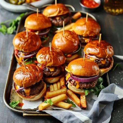 Slider-Style Mini Burgers Recipe - elianarecipes.com Nye Party Food, Mini Burgers Recipe, Chorizo Appetizer, Mini Burgers Sliders, Cucumber Roll Ups, Salmon Bites Recipe, New Years Eve Dessert, Cheese Burgers, Mini Sliders