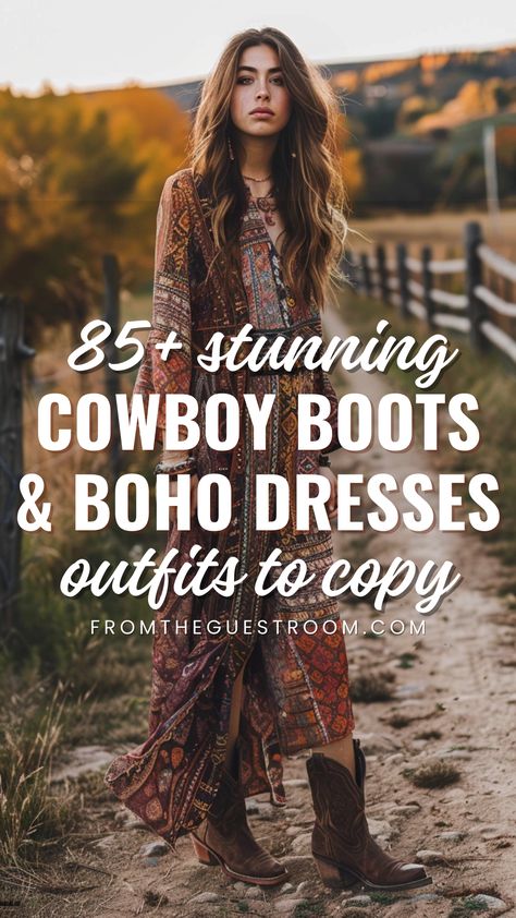 a woman wears a boho dress and cowboy boots, western outfits Western Long Sleeve Dress, Boho Maxi Dress With Boots, Cowboy Hat Outfit Fall, Country Style Outfits Women Dress, Western Boho Dresses For Women, Western Boots With Tights, Western Hobo Outfits, Suede Cowboy Ankle Boots Outfit, Freebird Boots With Dress