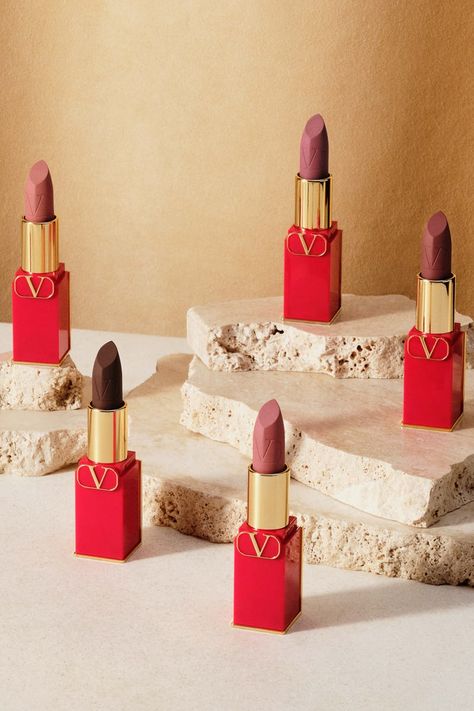 Valentino Lipstick, Beige Lipstick, Valentino Beauty, Lip Collection, Cosmetics Photography, Prop Stylist, Neutral Undertones, Fancy Makeup, Lipstick Collection