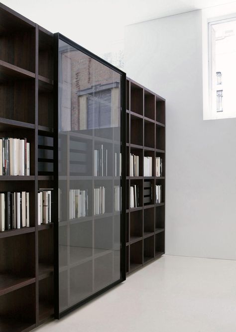 Bookcase Sliding Doors - Ideas on Foter Book Shelf Glass, Glass Bookshelf, Sliding Door Bookcase, Glass Bookshelves, Black Bookshelf, Glass Bookcase, Bookcase With Glass Doors, Bookcase Display, Bookcase Door