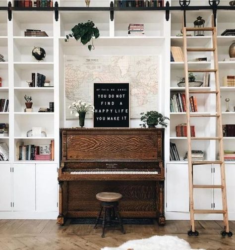 Piano encased with bookshelves, library ladder, bookshelf ladder Piano Living Rooms, Kids Bedroom Remodel, Dnevna Soba, Home Library Rooms, Piano Decor, Piano Room, Green Velvet Sofa, Remodel Bedroom, Design Living Room