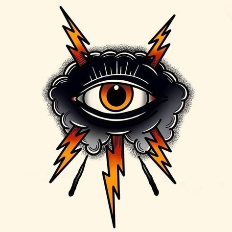 Eye Traditional Tattoo, Traditional Tattoo Eye, Traditional Tattoo Drawings, Eyeball Tattoo, Tattoo Eye, Traditional Ideas, Lightning Tattoo, Traditional Tattoo Old School, Traditional Tattoo Inspiration