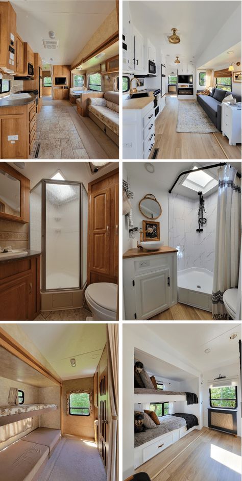 Meet “Betty," a renovated Jayco 5th Wheel that was transformed into a modern cottage on wheels by @driftless_rv_renovators. #rvrenovation #camperremodel #rvinterior #rvmakeover #rvinspiration #modernrv #glamping #customcamper #customrv #rvflippers #rvrenovators #renovatedfifthwheel #rvinteriorideas #rvinteriordesign #homeonwheels #styleonwheels #rvreno #glampingnotcamping #rvremodel #rvliving #fifthwheel #fifthwheelliving #fifthwheelremodel #moderncottage #tinyliving #wanderfulrvinteriors Fifth Wheel Master Remodel, Fifth Wheel Living Room Remodel, Luxurious Rv Interior, Small Fifth Wheel Remodel, Remodeling Campers Interior On A Budget, Renovated Fifth Wheel Camper, Remodeled 5th Wheel Rv Interior, Fifth Wheel Camper Remodel, 5th Wheel Remodel Ideas