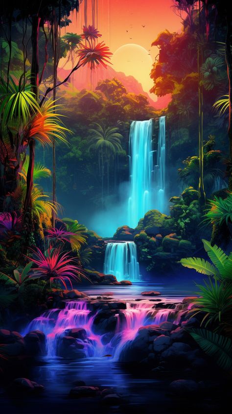 Rainforest With Waterfall, Waterfall Art Painting, Aesthetic Hawaiian Wallpaper, Amazon Jungle Photography, Beautiful Nature Pictures Amazing Photos, Waterfall Tropical, Rainforest Art, Mascara Oni, Waterfall Background