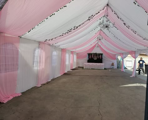 Pink And White Tent Draping, Tarps For Outdoor Party, Canopy Draping Party, Canopy Party Decorations Tent, Tent Bday Decoration, Pink Tent Party, Pink Drapes Party, Pink And White Birthday Party Ideas, Birthday Tent Decorations