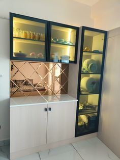 Compact Crockery Unit Design, Hanging Crockery Unit Design, Crocary Unit In Kitchen, Crockery Unit Mirror Design, Kitchen Crockery Design, Kitchen Crockery Cabinet, Breakfast Counter With Crockery Unit, Crakary Unit Design, Dining Cupboard Design