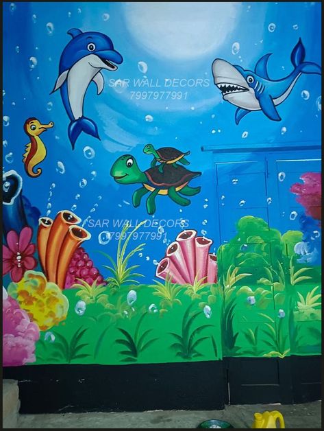 Painting For School, Highschool Classroom, School Wall Art Ideas, School Wall Painting, School Wall Decoration, Cartoon Wall Painting, Yarn Crafts For Kids, Ocean Drawing, 3d Wall Painting