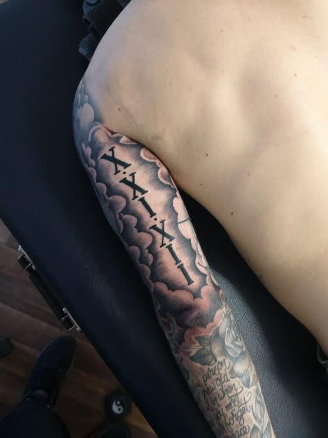 Behind Bicep Tattoo For Men, Vertical Bicep Tattoo, Word Leg Tattoos Men, Best Half Sleeve Tattoos Men Upper Arm, Men Back Of Arm Tattoo, Mens Back Of Arm Tattoo, Inner Muscle Arm Tattoo, Faith Bigger Than Fear Tattoo, Bicep Tricep Tattoo Men