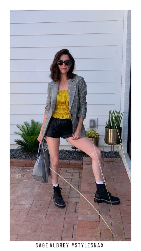 Leather shorts are all the rave this summer. Wear with a blazer and combat boots with your #sageaubrey bag #womanowned #italianmade Combat Boots Look, Combat Boots Shorts, Combat Boot, Leather Shorts, Summer Wear, This Summer, Combat Boots, Blazer, Boots