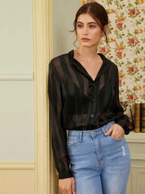 Haute Couture, Sheer Button Up Blouse Outfit, Sheer Blouse Outfit, Blouse Price, Sheer Shirt, Blouse Outfit, Laura Lee, Sheer Sleeves, Sheer Blouse