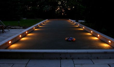 Bocce ball court with landscape lighting in Cedarburg Wisconsin Bocce Court Backyard, Bocce Ball Court, Bocce Court, Bocce Ball, Diy Lawn, Backyard Lighting, Backyard Games, Lawn Games, Landscape Plans