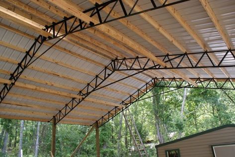 Metal Truss Pole Barn Trusses, Curvy Architecture, Metal Trusses, Outdoor Workspace, Tractor Shed, Building A Pole Barn, Metal Building Designs, Barn Kits, Pole Buildings