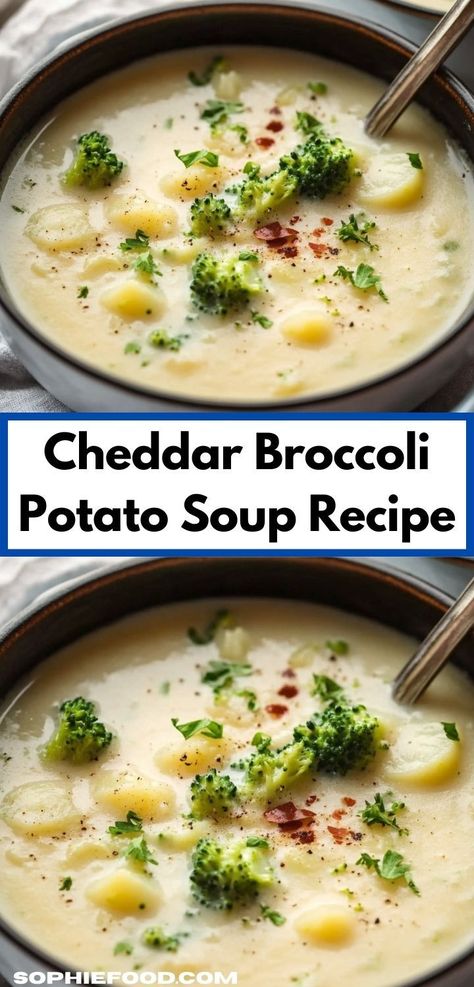 Craving a delicious and hearty meal? Our Cheddar Broccoli Potato Soup combines rich cheddar cheese with tender broccoli and potatoes, creating a satisfying dish that’s perfect for chilly evenings and family gatherings. Brocolli Potato Soup, Broccoli Potato Soup Recipes, Cheddar Broccoli Potato Soup, Potato Cheddar Soup, Broccoli Potato Soup, Broccoli Potato, Cheddar Broccoli, Broccoli And Potatoes, Cheddar Potatoes