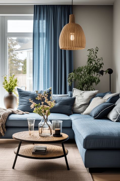 Blue Couch Living, Casa Open Space, Blue Sofa Living, Blue Sofas Living Room, Blue Couch Living Room, Blue Couches, Living Room Styles, Corner Sofa Set, Blue Living Room