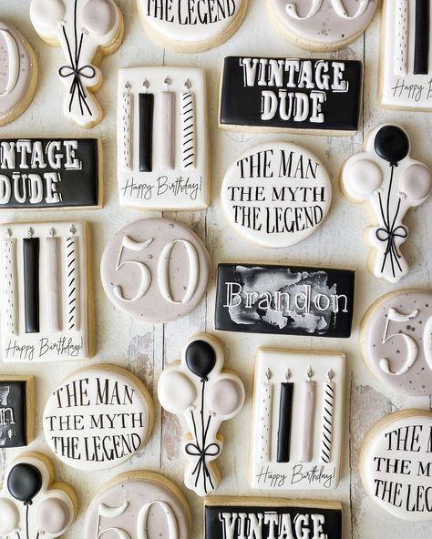 Cookie Ideas For 50th Birthday, Bourbon Royal Icing Cookies, Cookies 70th Birthday, Mens Surprise Party Ideas, Cookies For 70th Birthday, 60 Cookies Birthday, Man Birthday Cookies Decorated, Male Birthday Cookies Decorated, 70 Birthday Cookies For Men