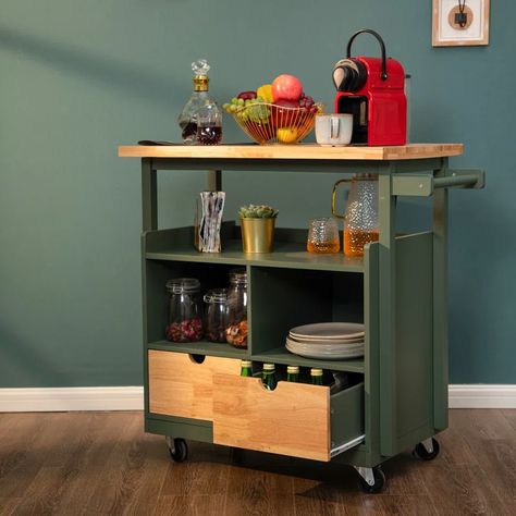 Winston Porter Hedvige 31.5'' Wide Rolling Kitchen Island | Wayfair Tiny Kitchen Island, Kitchen Prep Station, Kitchen Carts On Wheels, Green Kitchen Island, Mobile Kitchen Island, Side Quest, Kitchen Colour, Rolling Kitchen Cart, Kitchen Island On Wheels