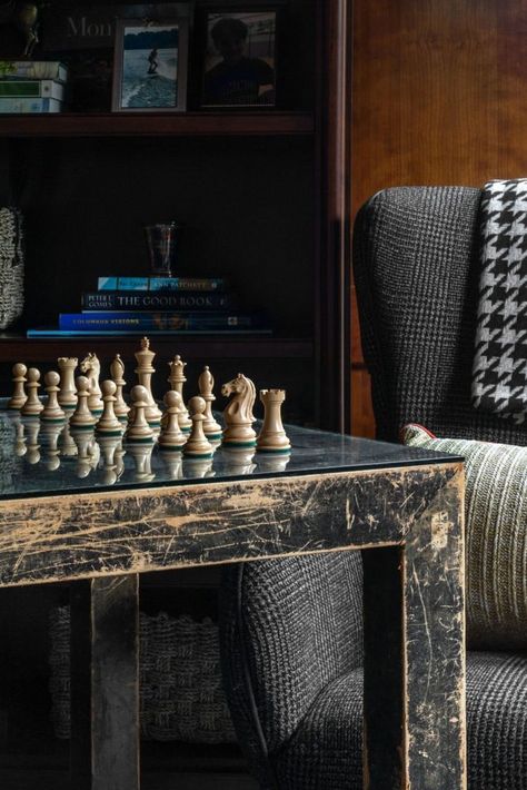 Moody Den, Game Table And Chairs, Sitting Chair, Moody Interiors, Cotton House, Chess Table, Office Renovation, Bright Walls, Dark And Moody