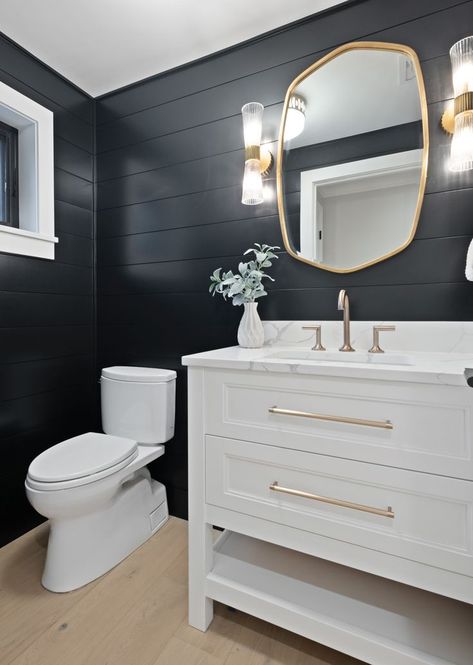 Farmhouse Powder Room, Black Shiplap, Mirror And Sconces, Light Oak Floors, Powder Room Ideas, Shiplap Bathroom, Shiplap Walls, Dark Bathrooms, Shiplap Accent Wall