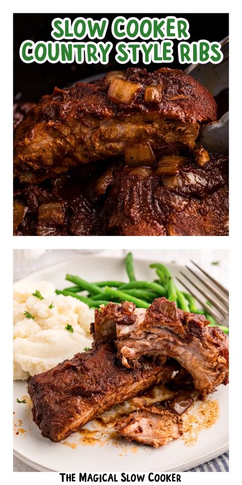 Slow Cooker Country Style Ribs Country Style Ribs In Crock Pot, Crock Pot Country Ribs, Beef Ribs Slow Cooker, Slow Cooker Country Style Ribs, Slow Cooker Ribs Recipe, Homemade Barbecue Sauce Recipe, Country Ribs, Boneless Pork Ribs, Slow Cooker Green Beans