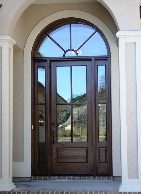 Front Door With Arched Transom, Arched Doors Entrance, Front Door With Half Moon Window, Entry Door With Sidelights And Transom, Arch Transom Front Door, Rounded Front Door Entrance, Front Door With Arch Window Above, Arch Front Door Exterior, Front Door With Sidelights And Transom