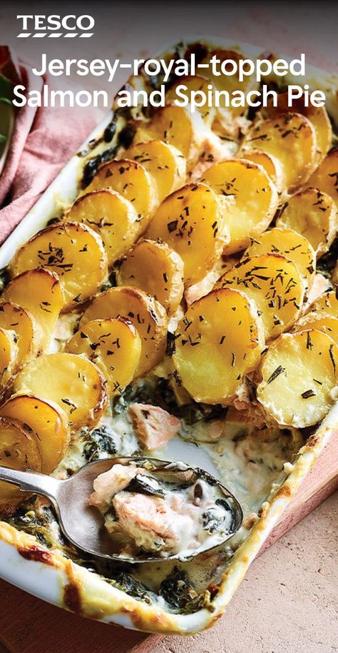 Salmon New Potatoes, Salmon Sunday Dinner Ideas, Salmon And Potato Recipes, Salmon Pie Recipe, Spinach And Salmon, Tesco Recipes, Something Different For Dinner, Salmon Pie, Spinach Sauce