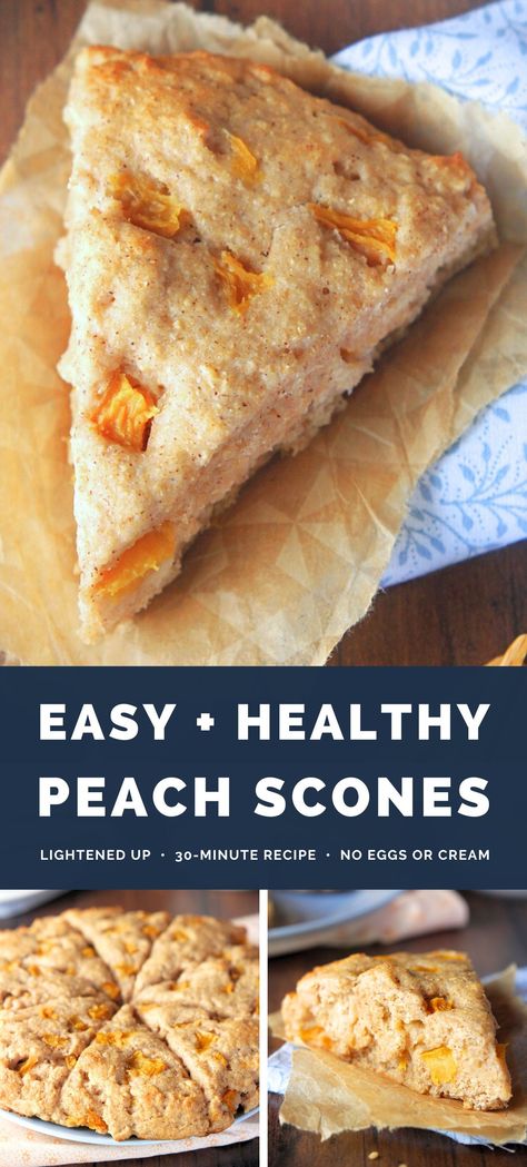 This healthy peach scones recipe is a BIG family favorite! They’re soft, moist & EASY to make. You only need 30 minutes! These scones have no cream or eggs either… They’re lightened up with yogurt instead! The BEST! ♡ best peach scones recipe. healthy scones recipe greek yogurt. peach scones recipe homemade. healthy scones recipe clean eating. how to make scones without eggs. healthy scones low calorie. easy peach scones no cream. Peach Scones Recipe, Peach Scones, Snacking Cake, Healthy Vibes, Peach Recipes, Scones Easy, Ginger Peach, Pumpkin Scones, Savory Pastry