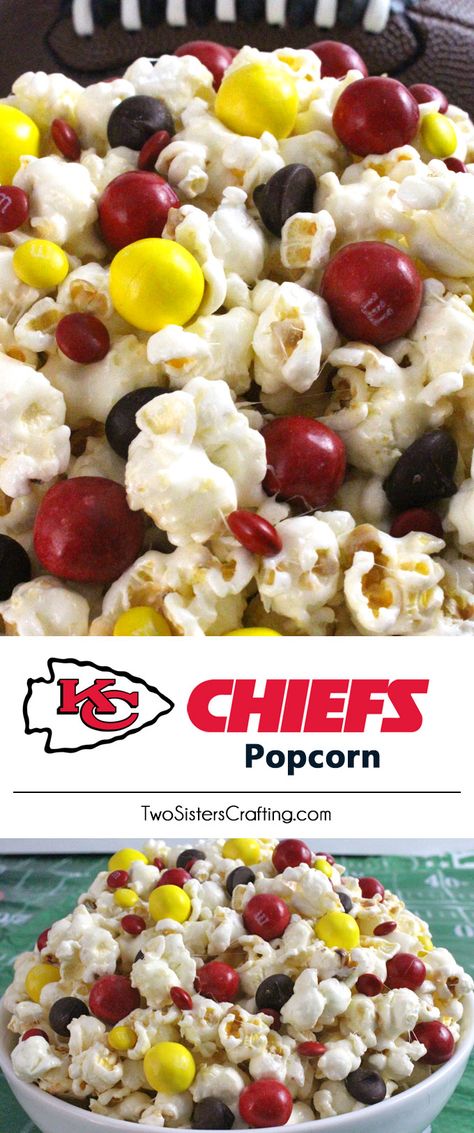 Kansas City Chiefs Popcorn for those Kansas City Chiefs fans in your life. Sweet, salty, crunchy and delicious and it is extremely easy to make. This delicious popcorn will be perfect at your next game day football party. an NFL playoff party or a Super Bowl party. Follow us for more fun Super Bowl Food Ideas. Kansas City Chiefs Snack Ideas, Kansas City Chiefs Tailgate Food, Kc Chiefs Superbowl Party, Kansas City Chiefs Themed Cocktails, Superbowl Party Chiefs, Easy Super Bowl, Super Bowl Party, Football Party Foods, Party Snacks Easy