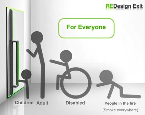 REDesign Exit Door simply repositions the door handle to make it an intuitive and effective design during emergency evacuations. Most of than not, the assumption is that we are going to run through doors. But in user-situation, it could be a physically-challenged person, a child or even a person crawling up to the door, who may find the horizontal door bar difficult to reach. Thus this vertical, elongated handle serves as a fitting re-design. Person Crawling, Accessible Playground, Barrier Free Design, Inclusive Playground, Accessibility Design, Door Bar, Barrier Free, Hospital Design, Inclusive Design