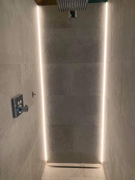 Led Shower Lighting, Shower Lighting Ideas, Bathrooms Lighting, Attic Shower, Shower Lights, Shower Light, Shower Lighting, Concrete Bathroom, Shower Floor Tile