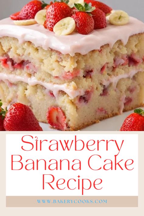 Indulge in the delightful fusion of flavors with our Strawberry Banana Cake Recipe. Moist and tender, this cake combines the sweetness of ripe bananas with the tartness of fresh strawberries. Perfect for any occasion, it's a slice of fruity bliss in every bite. Cake Pops, Pie, Banana And Strawberry Muffins, Sweets With Strawberries, Strawberry Banana Shortcake, Strawberry Banana Bundt Cake, Banana Bliss Cake, Strawberry Hunny Bun Cake, Strawberry And Banana Cake