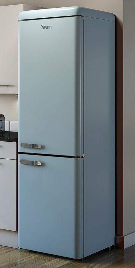 Blue Retro Fridge, Backsplash Ideas For Dark Cabinets, Retro Refrigerators, Blue Fridge, Quartz Countertops Cost, Kitchen Tiny, Lg Smart Tv, Fridge Design, Larder Fridge