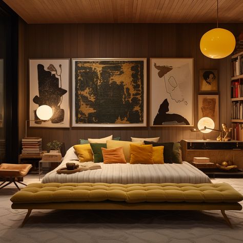 BEDROOM — Dan O'Kelly | Studio Tall Ceiling Apartment, 70s Interior, Mid Century Modern Interior Design, Mid Century Modern Bedroom, Designer Living, Mid Century Modern Interiors, Accent Wall Decor, Dream House Interior, Room Setup