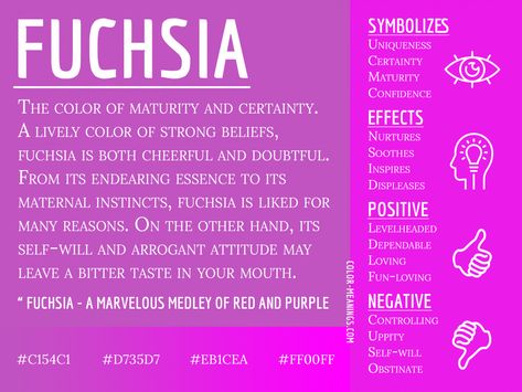 Fuchsia Color Meaning - The Color Fuchsia Symbolizes Maturity and Certainty What Do Colors Mean, Colour Psychology, Color Symbolism, Color Healing, Fuchsia Flower, Color Personality, Colors And Emotions, Flower Meanings, Color Meanings