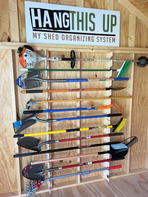 Universal Garden Tool Organizer - 36" - Shed Repair LLC Shed Organizing, Yard Tool Storage Ideas, Lawn Tool Storage, Tool Shed Organizing, Shed Door Hardware, Shed Shelving, Garden Tool Organizer, Garage Storage Inspiration, Shed Windows