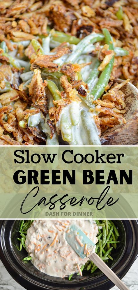 This Slow Cooker Green Bean Casserole is a traditional and delicious Thanksgiving recipe! A family favorite, and a staple at the Thanksgiving table, this is one recipe you have to make sure you put on your holiday menu! This version is made in a crockpot, with cheese for something a little extra special (although the cheese is totally optional!). The perfect hands off Thanksgiving side dish, and includes tips for giving you a nice crispy top layer, which is often lacking in Slow Cooker ... Crock Pot Green Bean Casserole Easy, Easy Crockpot Green Bean Casserole, Thanksgiving Crockpot Vegetable Recipes, Green Beans In The Crockpot, Crockpot Friendsgiving Recipes, Thanksgiving Recipes Side Dishes Crockpot, Thanksgiving Veggie Side Dishes Crockpot, Grown Up Green Bean Casserole, Thanksgiving Green Beans Crockpot