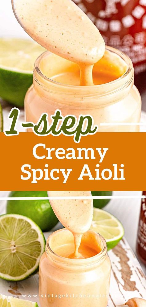 This aioli is a one-step, 10-minute recipe. It's flavor-packed with a spicy kick! I use Sriracha, but other hot sauces also work. We use it as a spread and a dip and for drizzling over meats, veggies, wraps, sandwiches and pretty much everything else we can. Salmon Aioli Sauce, Sriracha Aioli Sauce, Spicy Aioli Sauce Recipe, Southwest Eggrolls Sauce, Aoli Sauce Recipes, Southwestern Sauce Recipe, Aoli Recipe Aioli Sauce, Veggies Wraps, Spicy Aioli Sauce