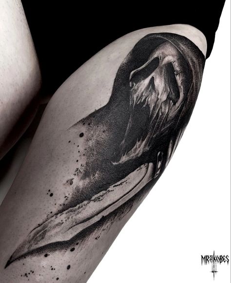 Horror Artwork Tattoo, Dark Ominous Tattoo, Creepy Tattoos Men, Eerie Tattoos Dark, Foggy Tattoo, Creepy Leg Tattoos, Scary Back Tattoos, Skin Walker Tattoo, Creepy Ghost Tattoo