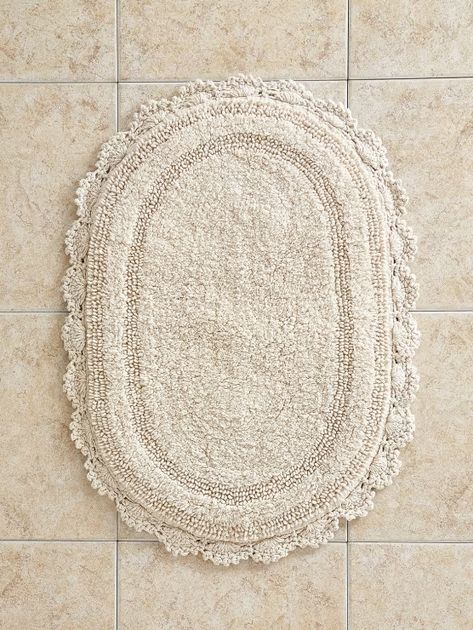 Comfort Step Bath Rug With Crocheted Border Rugs For Master Bath, Long Bathroom Rugs Bath Mats, Cream Bathroom Rug, Long Rug In Bathroom, Vintage Bathroom Rug, Rug Under Mirror, First Home Ideas Decor, Cream Bathroom Decor, Bathroom Mats Decor Bath Rugs