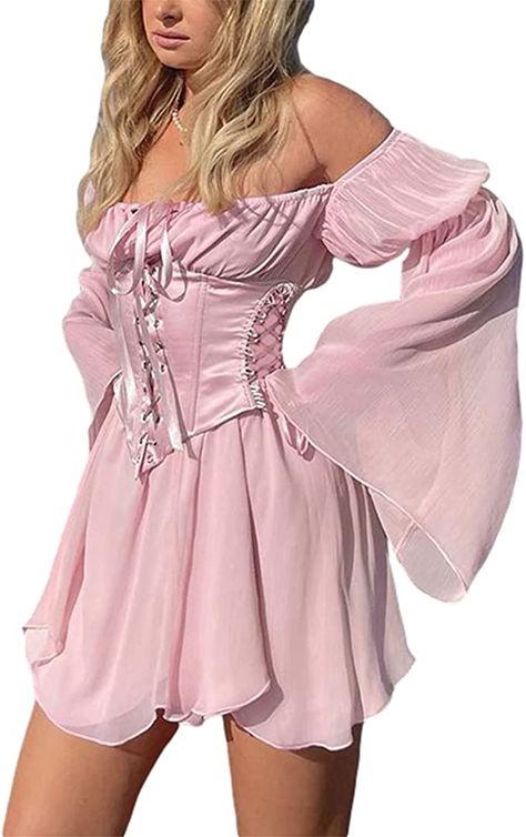 Murnouche Women Corset Fairy Dress Off Shoulder Puff Sleeve Dress with Bustier Pink L at Amazon Women’s Clothing store Sundress Outfit, Prairie Chic, Chiffon Summer Dress, Dress With Corset, Flare Sleeve Dress, Kawaii Dress, Vestidos Vintage, Bustier Dress, Long Sleeve Knit Sweaters