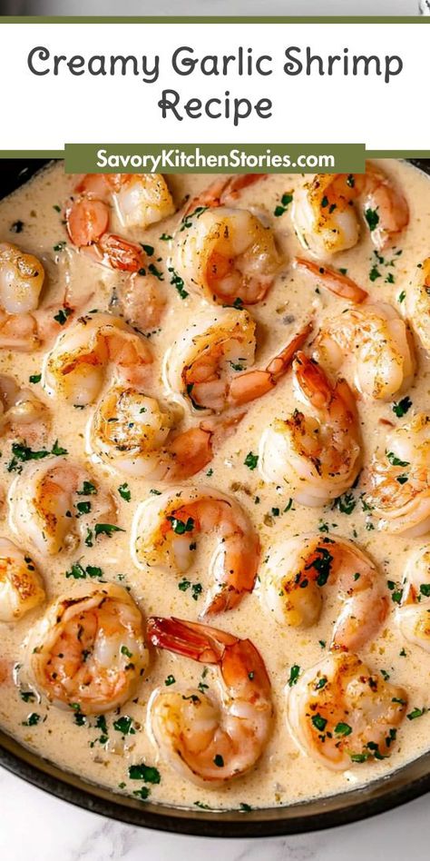 Looking for a light dinner that’s both satisfying and delicious? This creamy garlic shrimp recipe is your answer! Perfectly cooked shrimp in a rich, velvety sauce makes for a quick and easy meal. Save this recipe for your next light dinner inspiration! One Pot Creamy Garlic Shrimp, White Sauce Shrimp, Creamy Shrimp Recipes With Rice, Garlic Chicken And Shrimp Recipes, Creamy Garlic Parmesan Shrimp Pasta, Shrimp Steak Topping, Creamy Garlic Shrimp Linguine Recipe, Shrimp And Mozzarella Recipes, Creamy Shrimp And Spinach Pasta