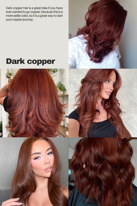 Copper hair/ hair color trends for spring, hair colors, dark hair, long hair Deep Red Hair Pale Skin, Garnier Copper Hair Color, Dark Copper Red Brown Hair, Balayage Hair For Olive Skin Tone, Red Hair Dark Brows, Copper Hair No Bleach, Cool Copper Hair Color, Copper Hair On Olive Skin, Dark Red Copper Hair Color