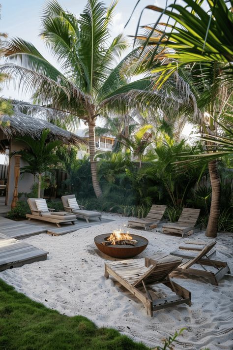 beach fire pit for your backyard with sand and palm trees Sand Pit Backyard, Beach Sand Backyard Ideas, Beach Yard Landscape, Sand In Backyard, Beach Backyard Landscaping, Garden Beach Ideas, Beach Yard Ideas, Fire Pit With Sand, Sand Landscape Ideas