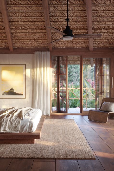 Contemporary Beach House Bedroom, Costa Rica Interior Design, Costa Rica Homes Design, Island House Tropical, Hawaii House Interior, Costa Rica Homes, Costa Rica House, Wooden Bungalow, Bali Bed