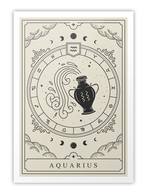 High quality illustrated Aquarius zodiac poster. The perfect celestial gift for all your Aquarius friends. Check out our website for more spiritual, unique and affordable wall art to suit any home! Aquarius Wall Art, Aquarius Illustration, Aquarius Aesthetic, Aquarius Art, Tarot Card Tattoo, Zodiac Poster, Card Tattoo Designs, Illustrated Poster, Aquarius Zodiac Sign