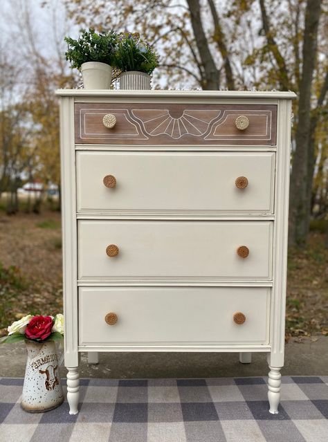 Six Drawer Dresser Makeover, Antique Dresser Flip, White Refurbished Dresser, Cottagecore Dresser Furniture, Neutral Painted Dresser, White Wooden Dresser, Wood File Cabinet Makeover, Light Wood Dresser Flip, 4 Drawer Dresser Makeover