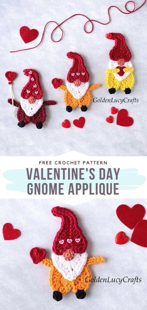 Golden Lucy Crafts, Crochet Gnome Applique Pattern Free, Golden Lucy Crafts Crochet, Crochet Valentines Day Patterns Free, Crochet Applique Patterns, Gnome Applique, Crochet Appliques, Valentines Day Crochet Patterns Free, Valentine Crochet Patterns Free