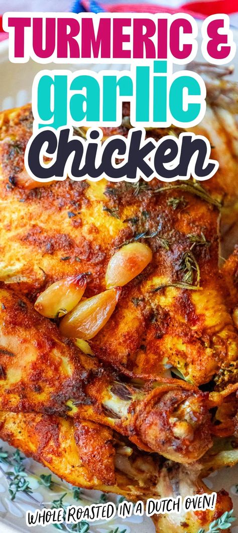 Garlic Turmeric Roasted Chicken - main dishes #maindishes Tumeric Chicken Recipes, Chicken Thighs In Oven, Whole Baked Chicken, Cooking With Turmeric, Roasted Garlic Chicken, Poultry Dishes, Turmeric Recipes, Whole Roasted Chicken, Shredded Chicken Recipes