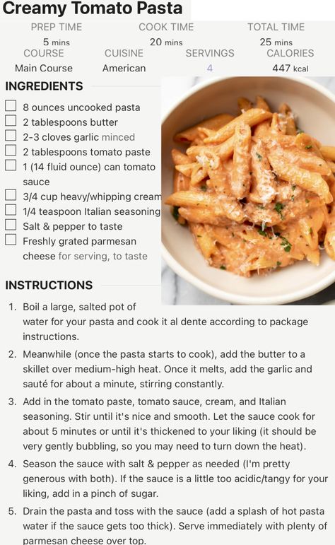 Heavy Whipping Cream Pasta Sauce, Creamy Cheese Pasta Recipes, How To Make Pasta Sauce, No Cheese Pasta, Pasta Recipes Tomato Sauce, Easy Pasta To Make, Easy Cheese Pasta, Tomato Paste Pasta Sauce, Creamy Tomato Pasta Recipes